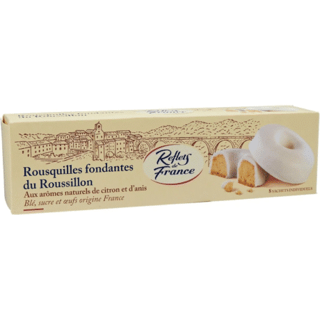 Reflets de France Rousquilles Fondantes – 200 g of melt-in-the-mouth ring-shaped biscuits coated in sweet meringue, flavored with natural lemon and anise—an authentic specialty from the Roussillon region.