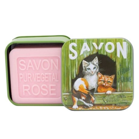 savonnerie de nyons rose soap in metal tin 3 cats design