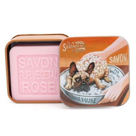 savonnerie de nyons rose soap in a bulldog design tin