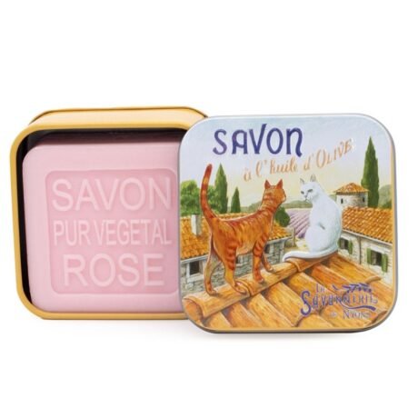 savonnerie de nyons rose soap in a metal tin cat on the roof