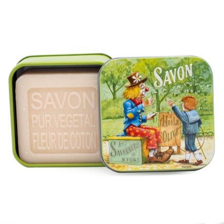 savonnerie de nyons cotton flower soap in a clown design tin