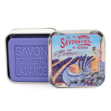 savonnerie de nyons lavender soap in a metal tin lavender field design
