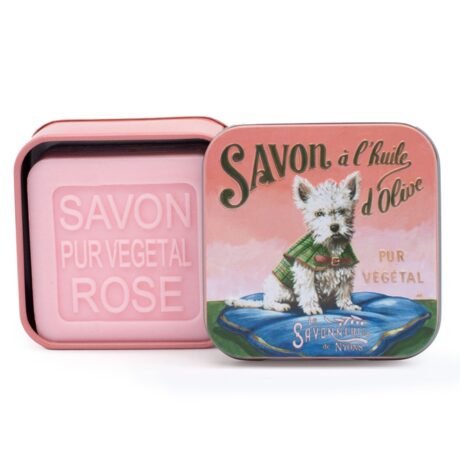 savonnerie de nyons rose soap in westie tin box