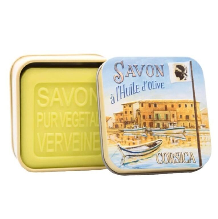savonnerie de nyons verbena soap in port corse design tin